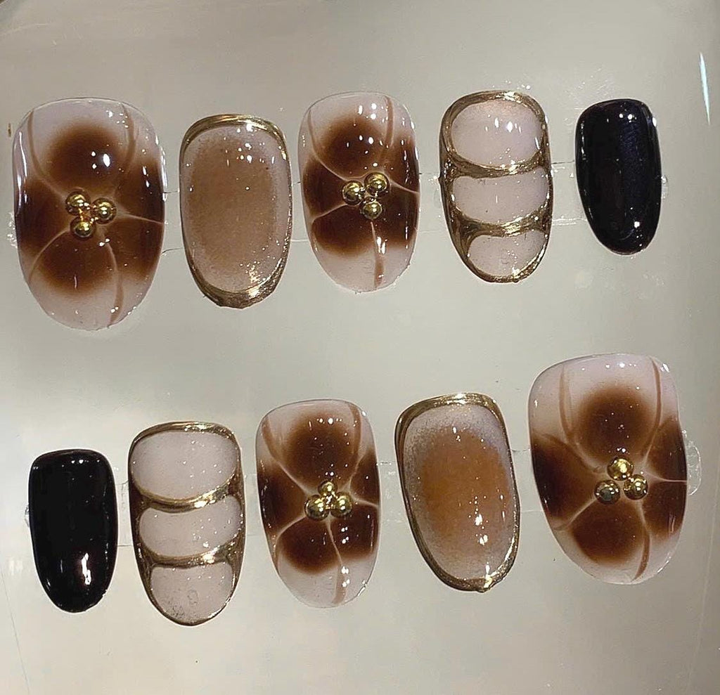 Brown Marble Press On Nails: Gold Flower Design, Reusable Coffin Nails