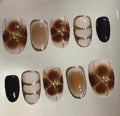 Brown Marble Press On Nails: Gold Flower Design, Reusable Coffin Nails