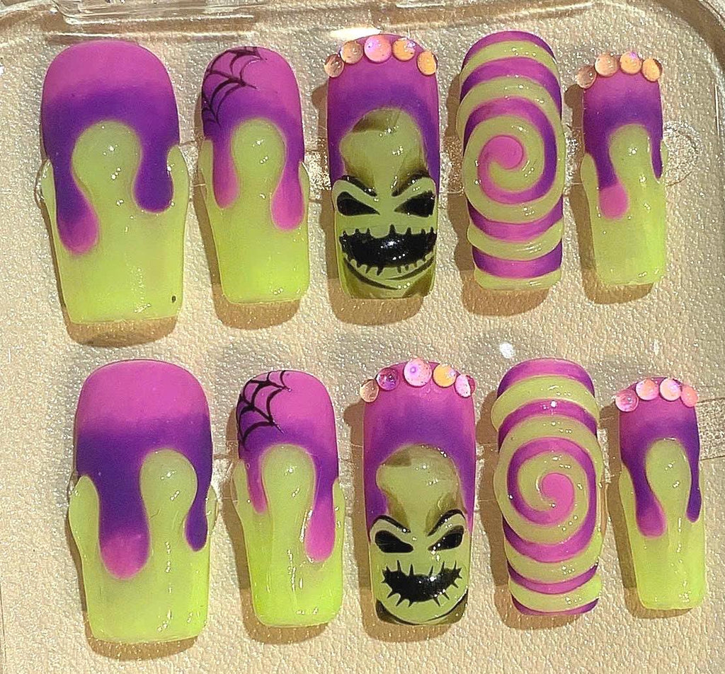 Halloween Press On Nails: Oogie Boogie Inspired Glow-in-the-Dark False Nails