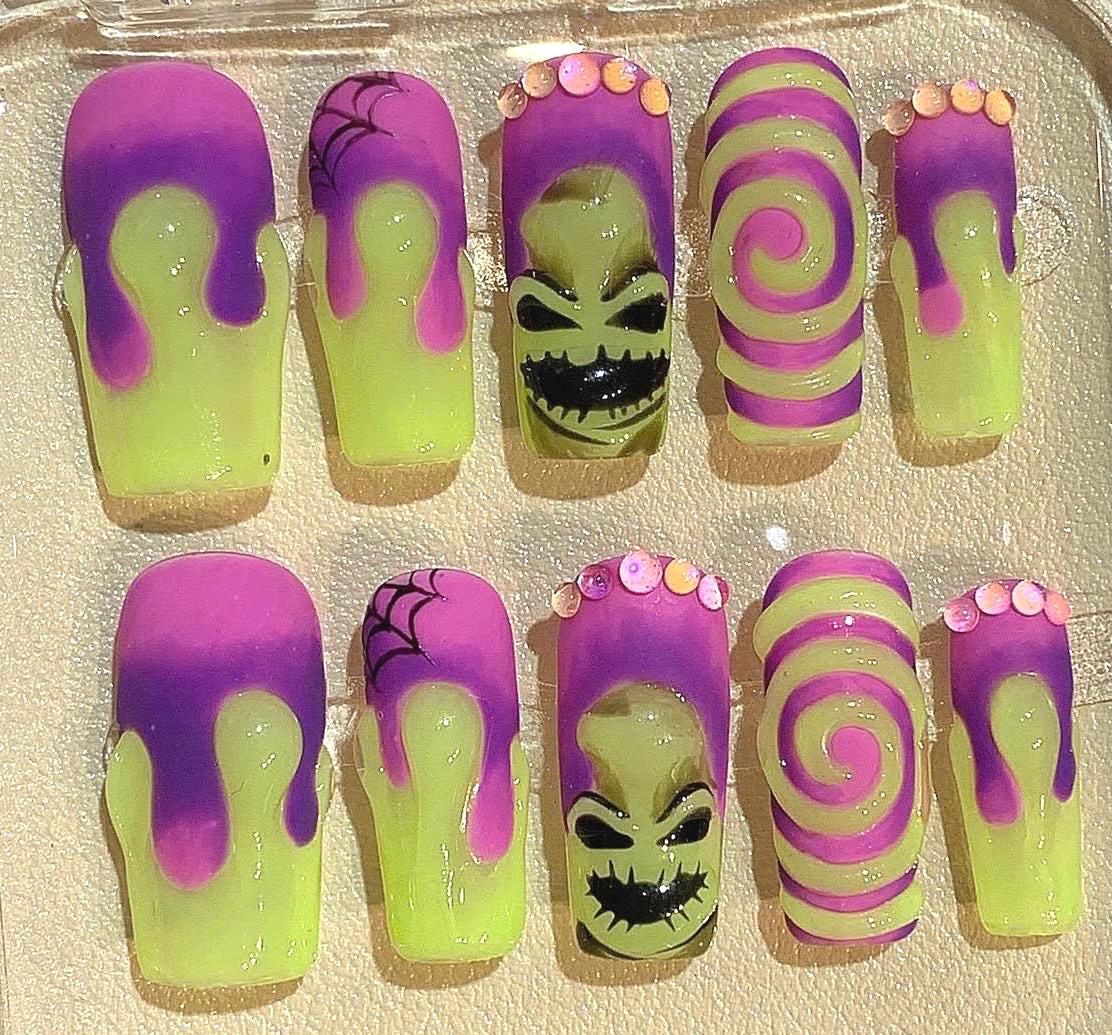 Halloween Press On Nails: Oogie Boogie Inspired Glow-in-the-Dark False Nails