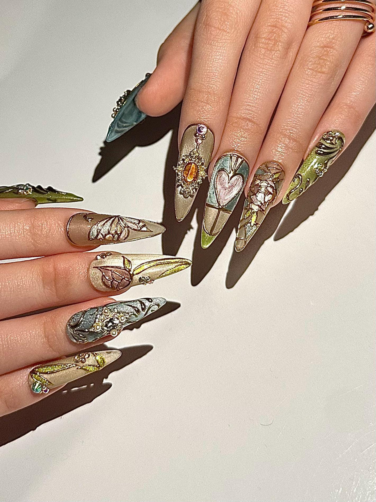Baroque Stained Glass Press On Nails | Vintage Luxury Heart Nails | Handmade Victorian Aesthetic Nails | Handmade Stiletto Press Ons|JB311HC