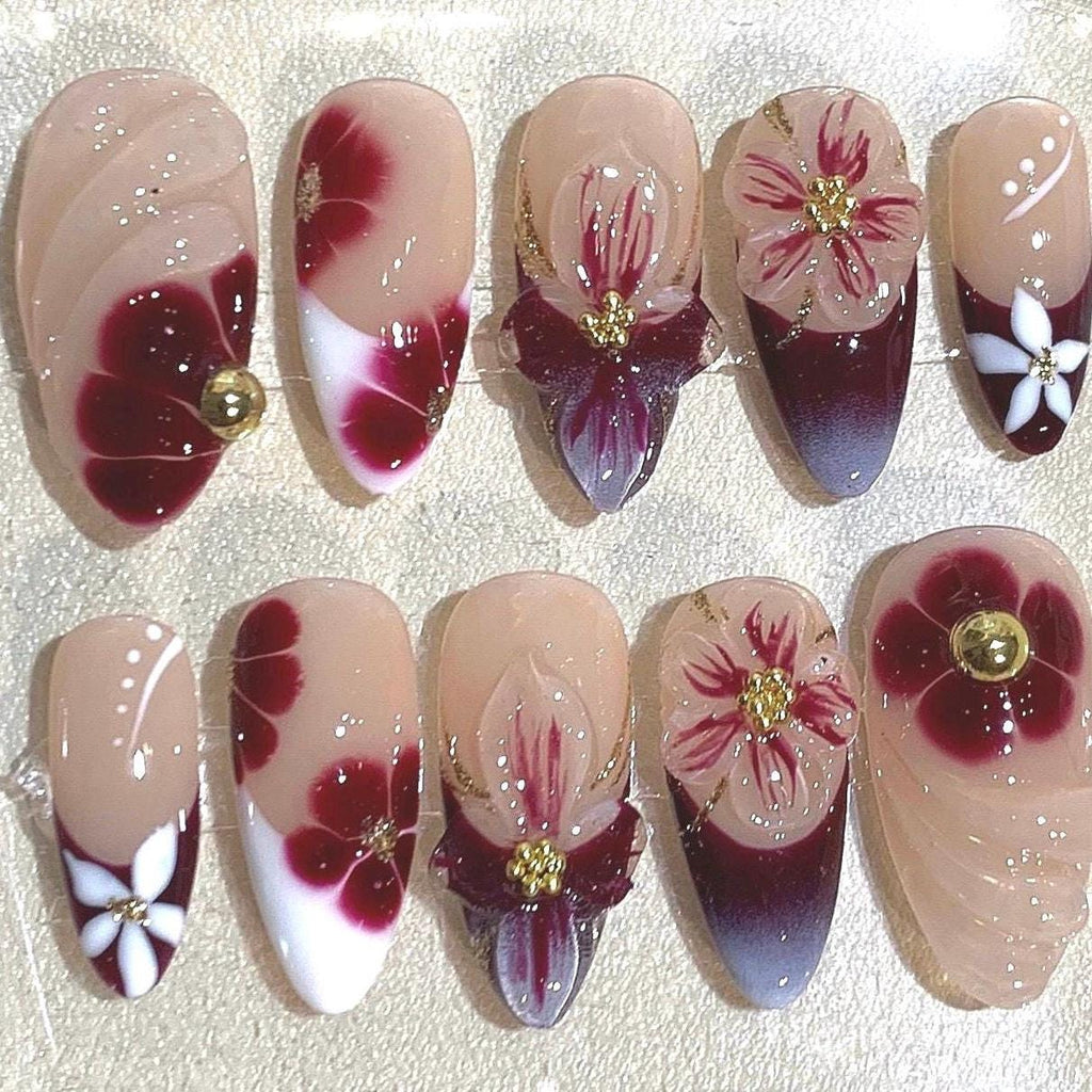 Wine Red Floral Press On Nails | Nude, Gold Rhinestone Nail Art