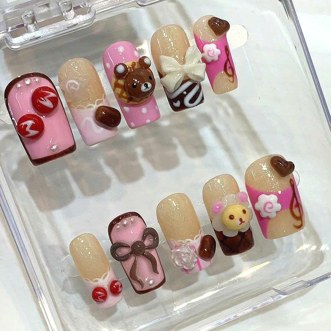 Kawaii Bear Press On Nails: Pink Chocolate 3D Harajuku Fake Nails