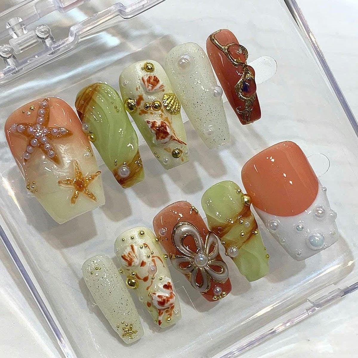 Mermaid Press On Nails | 3D Pearl Seashell, Ocean Treasure