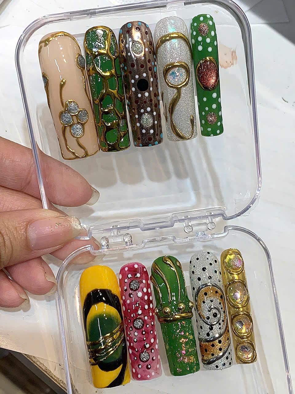 Hand Painted Press On Nails | Green Gold Abstract Dot Art