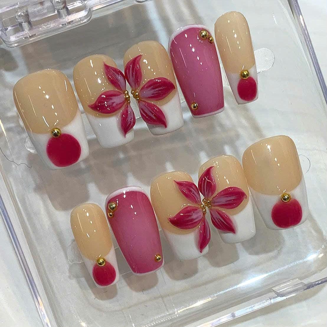 Pink 3D Flower Press On Nails | Elegant White French Tip Nail Set