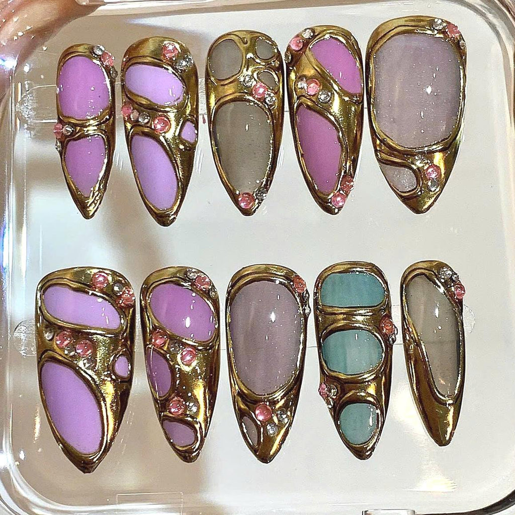 Handmade Gold Frame Press On Nails | Pastel Gel with Rhinestones