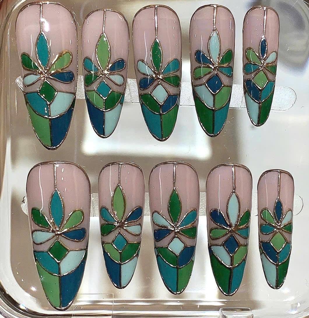 Stained Glass Press On Nails – Nude Floral, Handmade Nail Tips