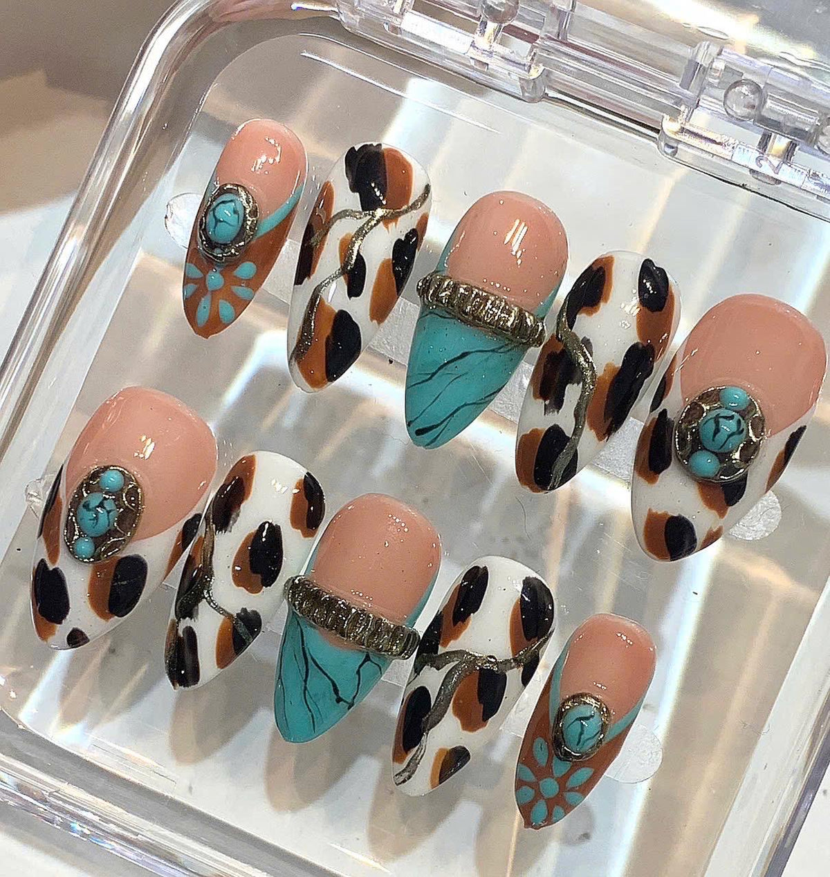 Western Cowgirl Press On Nails | Turquoise Leopard Print Boho Rodeo Set