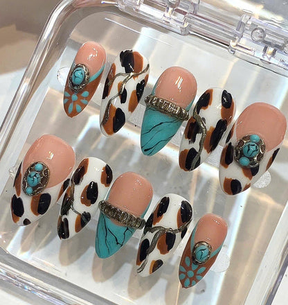 Western Cowgirl Press On Nails | Turquoise Leopard Print Boho Rodeo Set