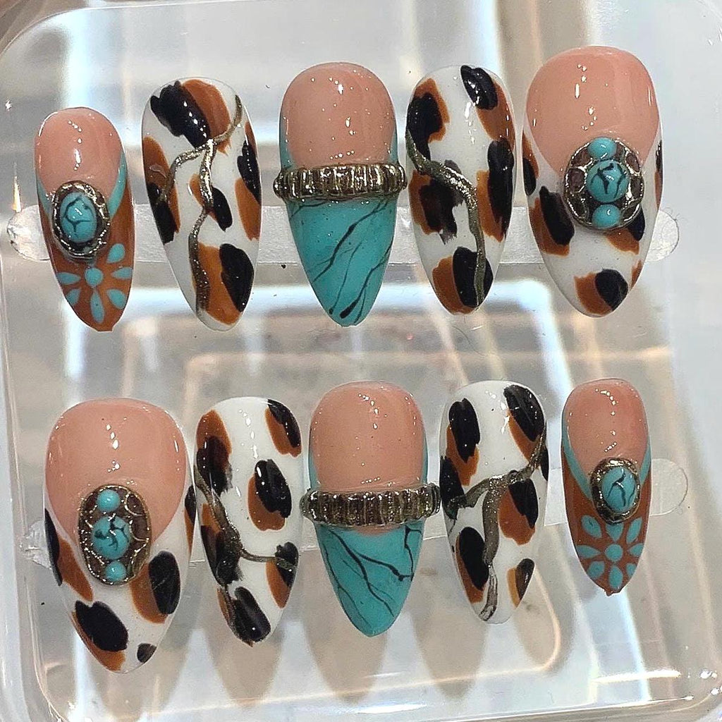 Western Cowgirl Press On Nails | Turquoise Leopard Print Boho Rodeo Set