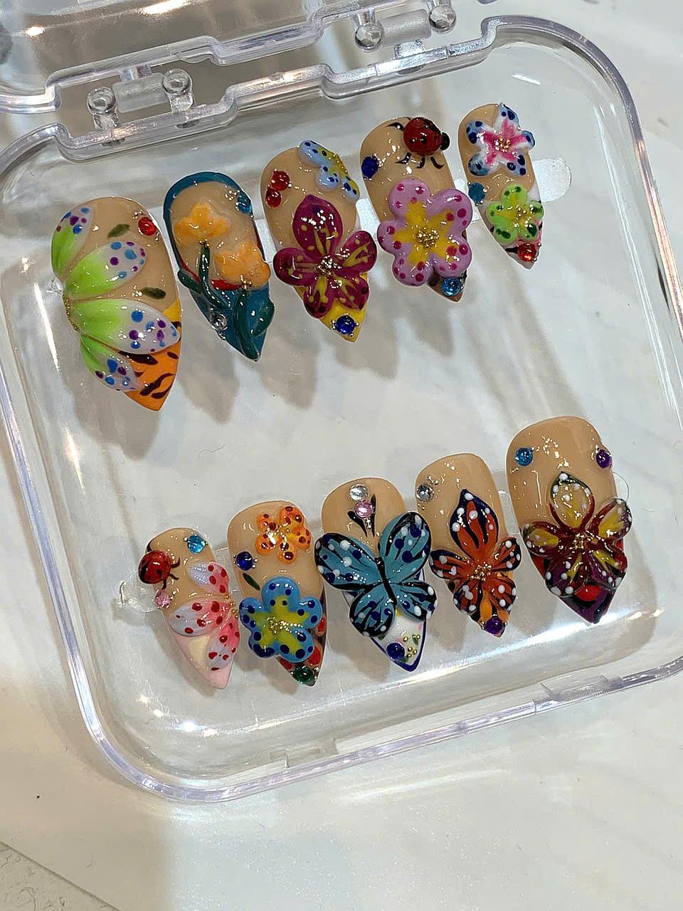 Flower Butterfly Press On Nails: 3D Floral Garden Nail Art