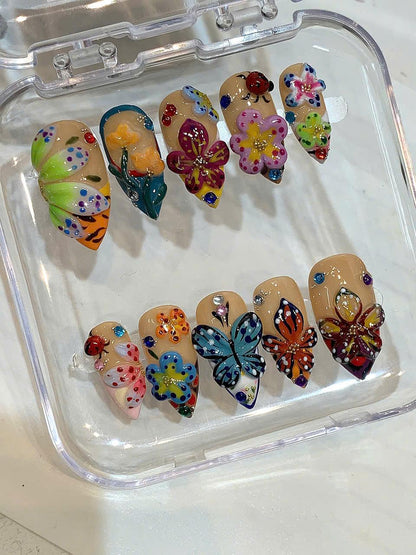 Flower Butterfly Press On Nails: 3D Floral Garden Nail Art