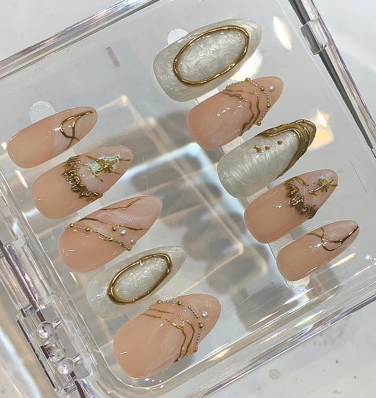 Nude Gold Press On Nails | Pearl Marble Elegant Bridal Nails | Minimalist Luxury Handmade Nail Set