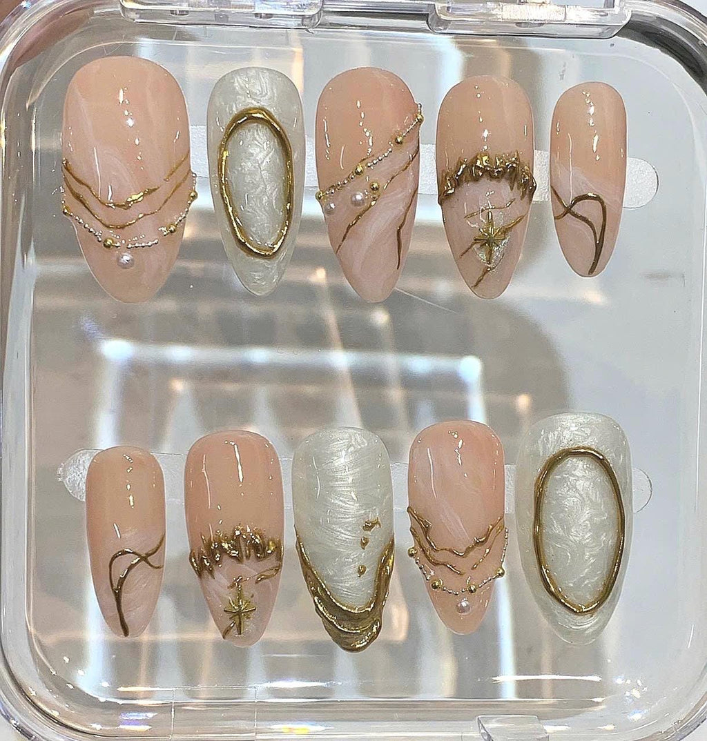 Nude Gold Press On Nails | Pearl Marble Elegant Bridal Nails | Minimalist Luxury Handmade Nail Set