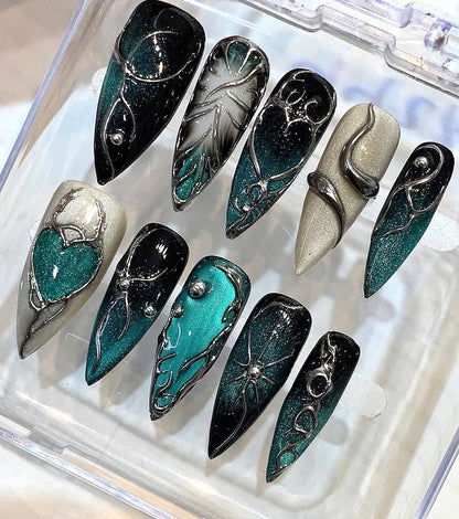 Emerald Galaxy Stiletto Press On Nails | Cosmic Chrome 3D Heart Luxury Set
