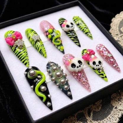 3D Skulls And Bows Neon Green Zebra Press On Nails, Edgy Y2K Scene Pink Glitter & Silver Studs, Alternative Punk Nails Set