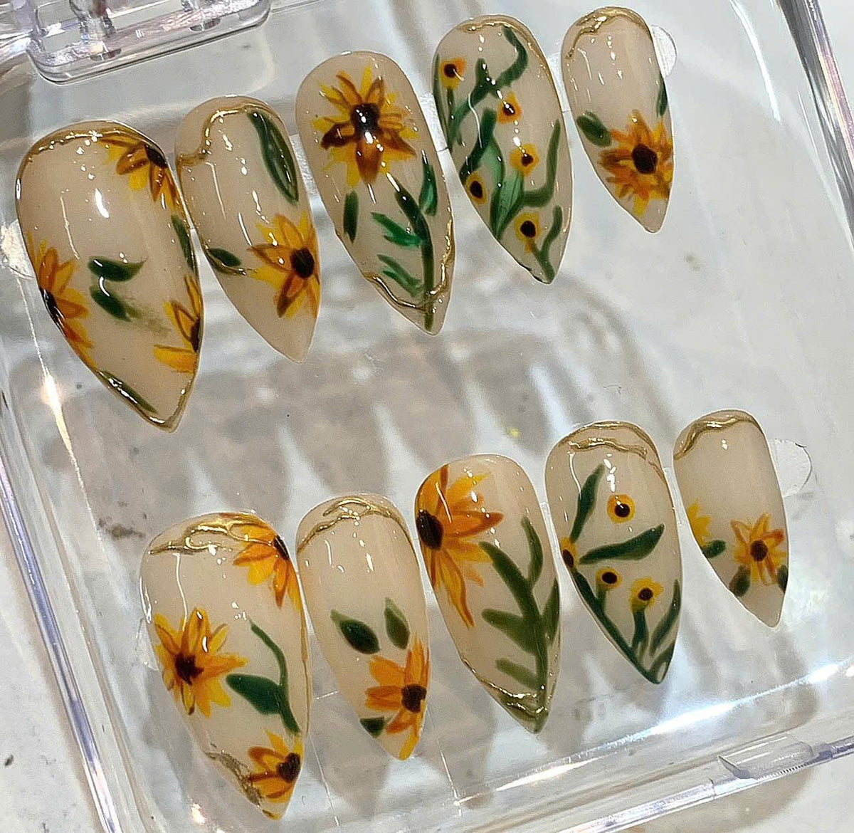 Handmade Sunflower Press On Nails: Long Stiletto Floral Nail Set