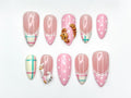 Cute Cat Pink Press On Nails | 3D Kitty Nail Art | Kawaii Pastel Plaid Nails | Handmade Character Nails | Soft Girl Cat Press Ons | JB323HC