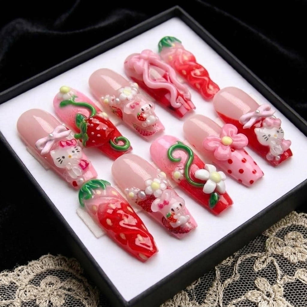 Handmade Sanrio Strawberry Press On Nails | 3D Hello Kitty, My Melody, Bows & Floral | Long Coffin Nails For Kawaii Coquette Aesthetic