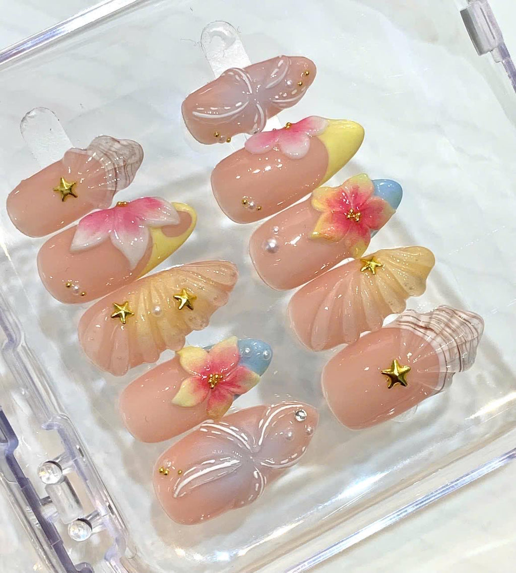 Tropical Press On Nails | Hibiscus Flower, Seashell Summer Vacation Set