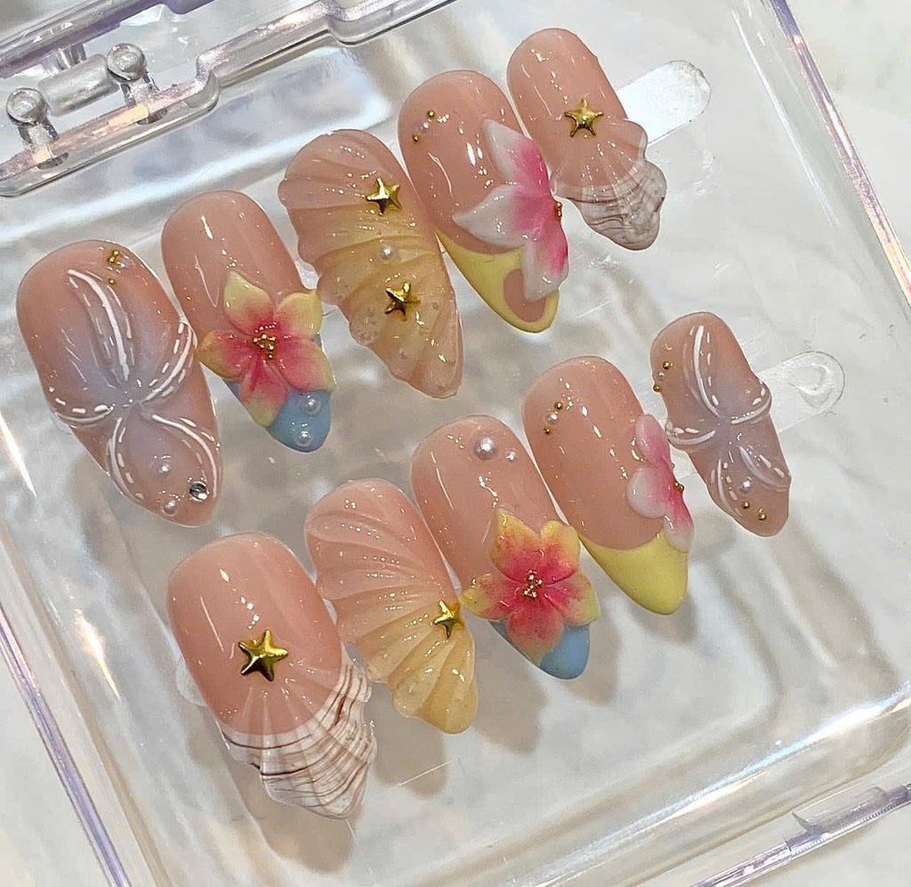 Tropical Press On Nails | Hibiscus Flower, Seashell Summer Vacation Set
