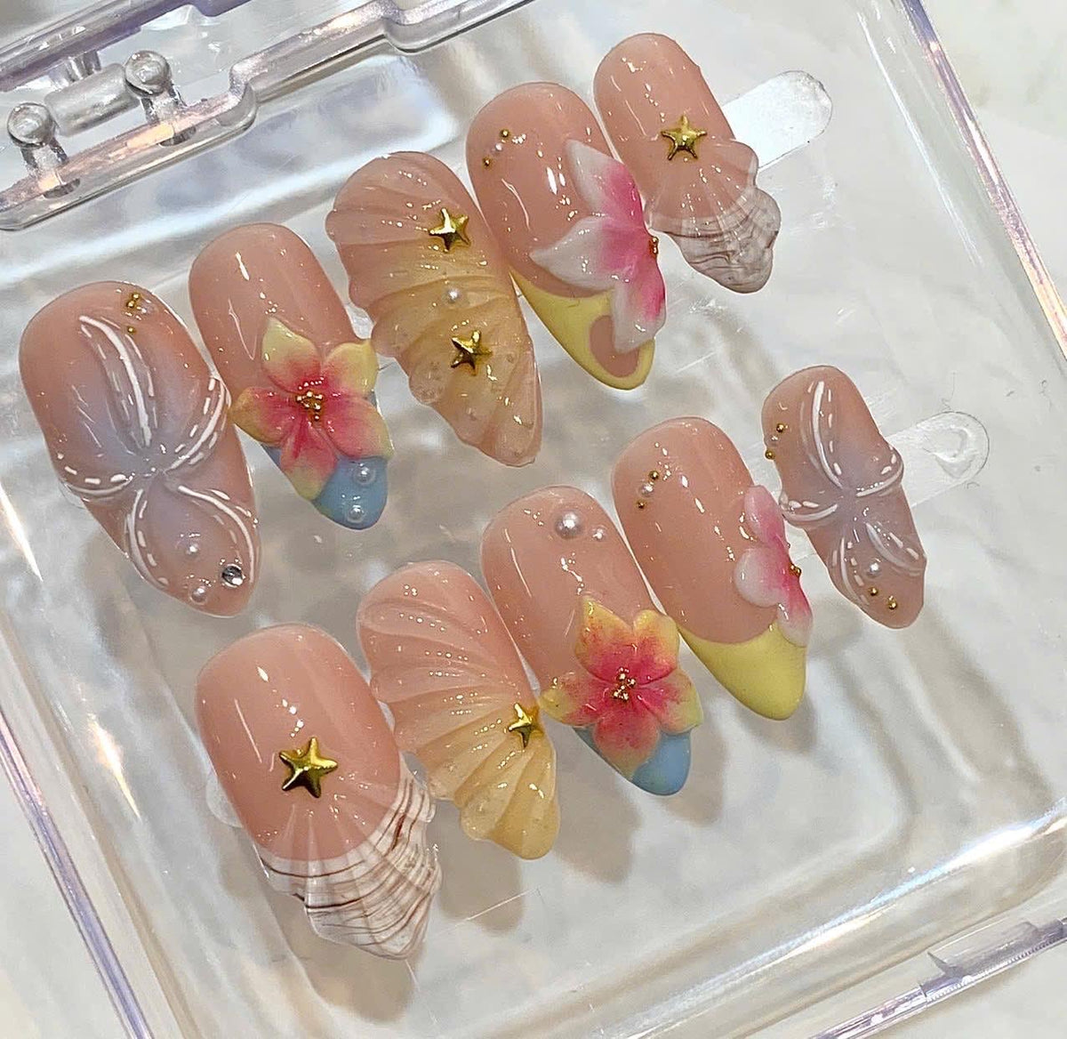 Tropical Press On Nails | Hibiscus Flower, Seashell Summer Vacation Set