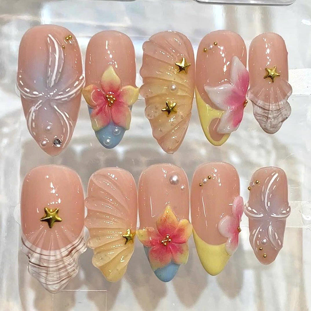 Tropical Press On Nails | Hibiscus Flower, Seashell Summer Vacation Set