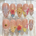 Tropical Press On Nails | Hibiscus Flower, Seashell Summer Vacation Set