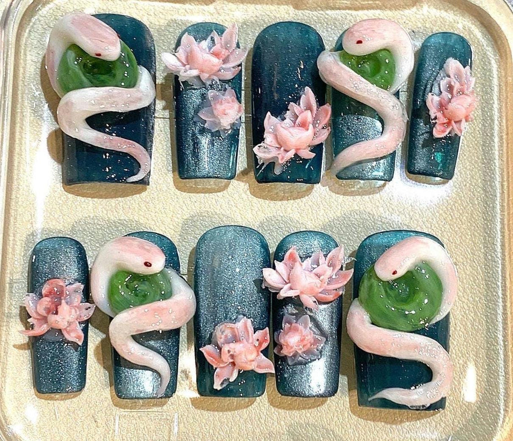 3D Snake & Lotus Press On Nails: Dark Green Floral Nail Art