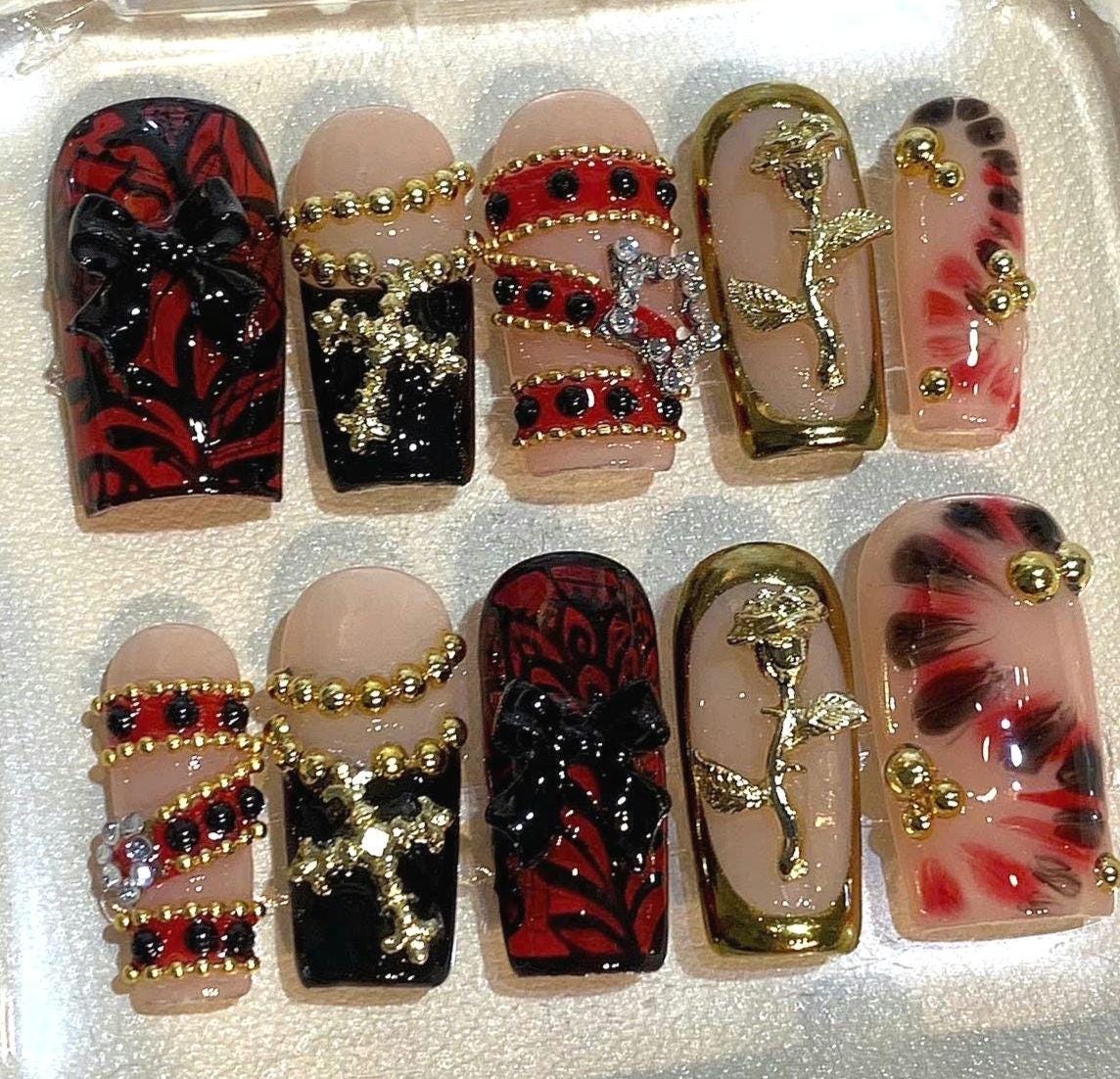 Gothic Press On Nails: Red Black Rose, Cross Charms & 3D Details