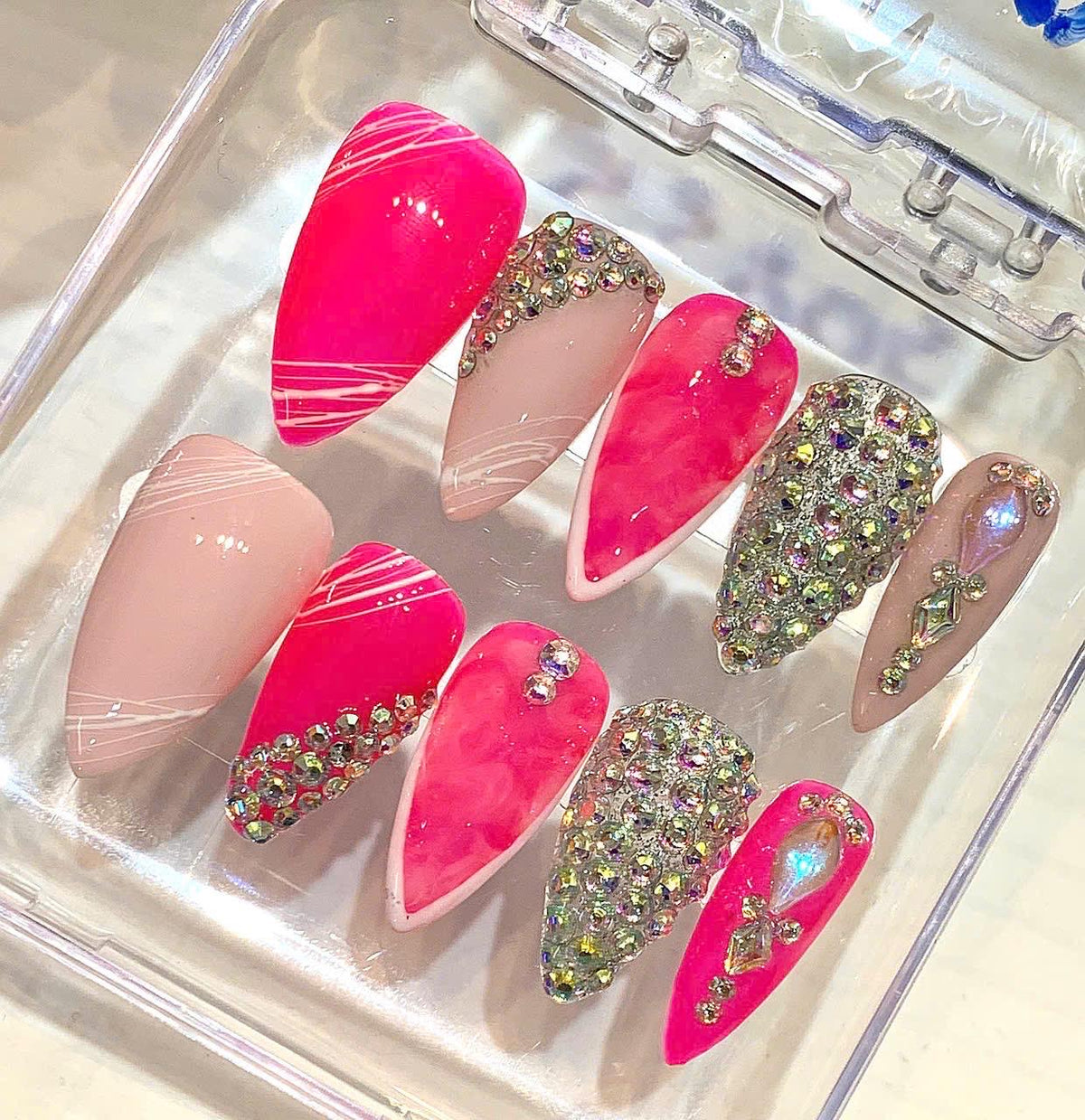 Hot Pink Rhinestone Stiletto Press On Nails | Barbiecore Glam Bling Set