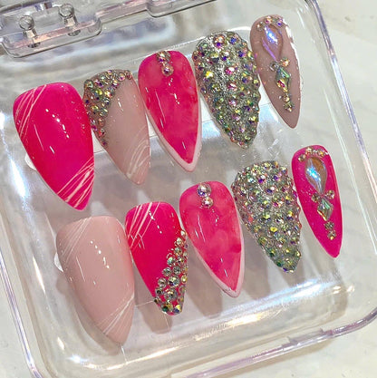 Hot Pink Rhinestone Stiletto Press On Nails | Barbiecore Glam Bling Set