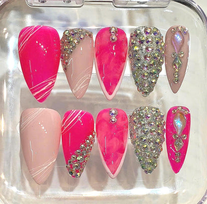 Hot Pink Rhinestone Stiletto Press On Nails | Barbiecore Glam Bling Set