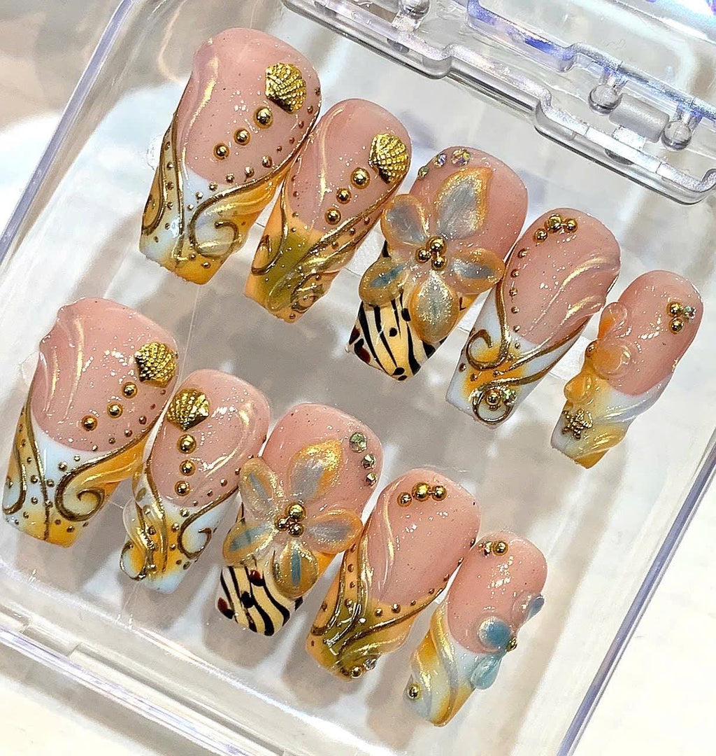 Luxury Gold 3D Floral Press On Nails, Bridal Wedding Rhinestone Fake Nails