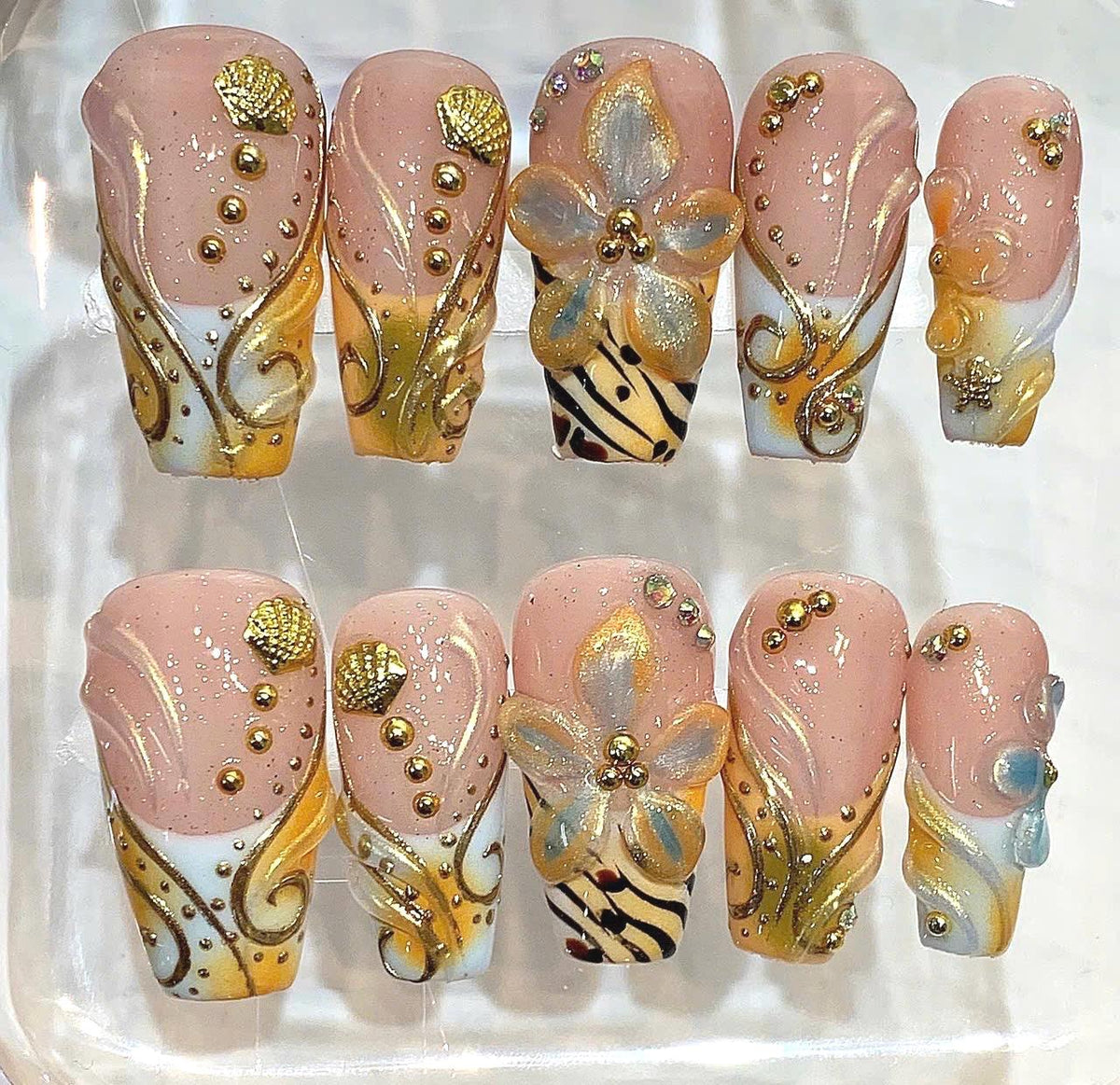 Luxury Gold 3D Floral Press On Nails, Bridal Wedding Rhinestone Fake Nails