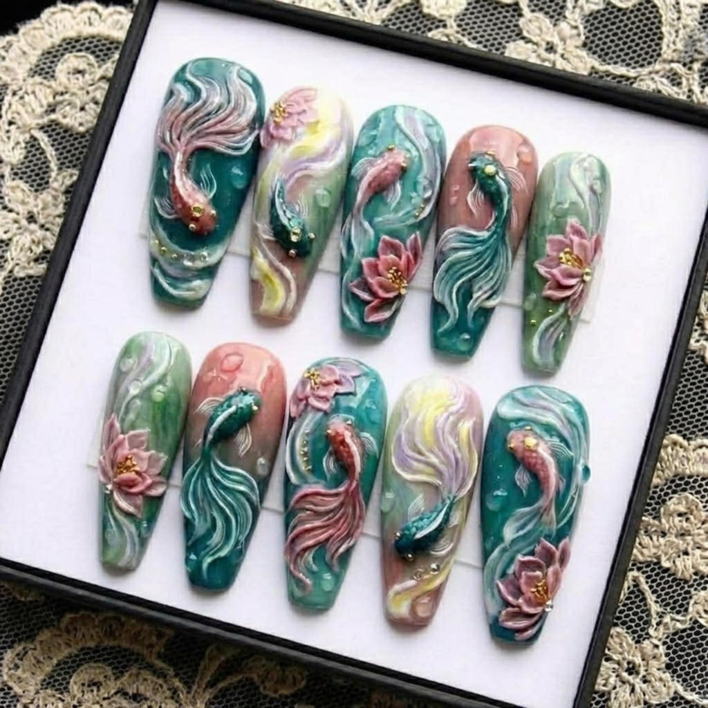 3D Koi Fish & Lotus Flower Teal Pink Press On Nails, Ethereal Zen 3D Sculpted Embossed Art, Oriental Fairycore Aesthetic Nails Set