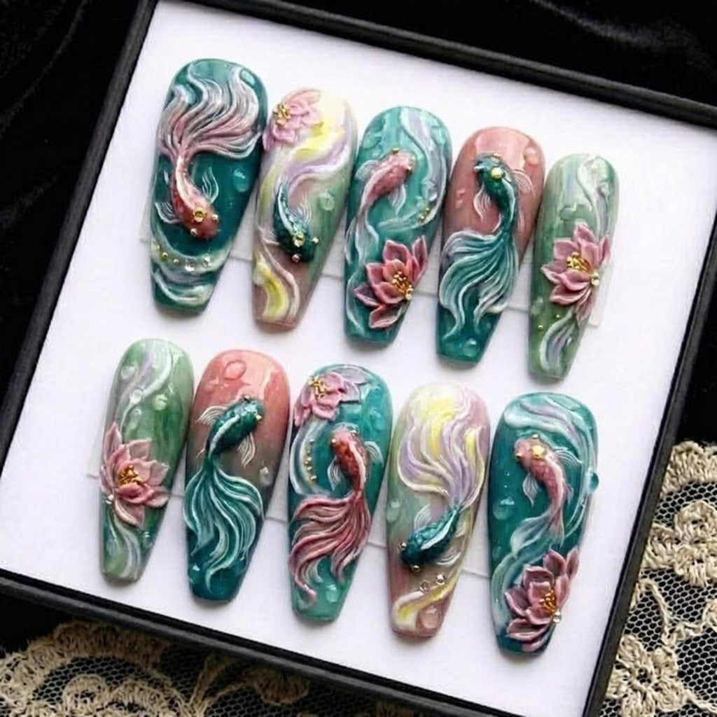 3D Koi Fish & Lotus Flower Teal Pink Press On Nails, Ethereal Zen 3D Sculpted Embossed Art, Oriental Fairycore Aesthetic Nails Set