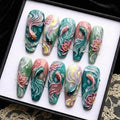 3D Koi Fish & Lotus Flower Teal Pink Press On Nails, Ethereal Zen 3D Sculpted Embossed Art, Oriental Fairycore Aesthetic Nails Set