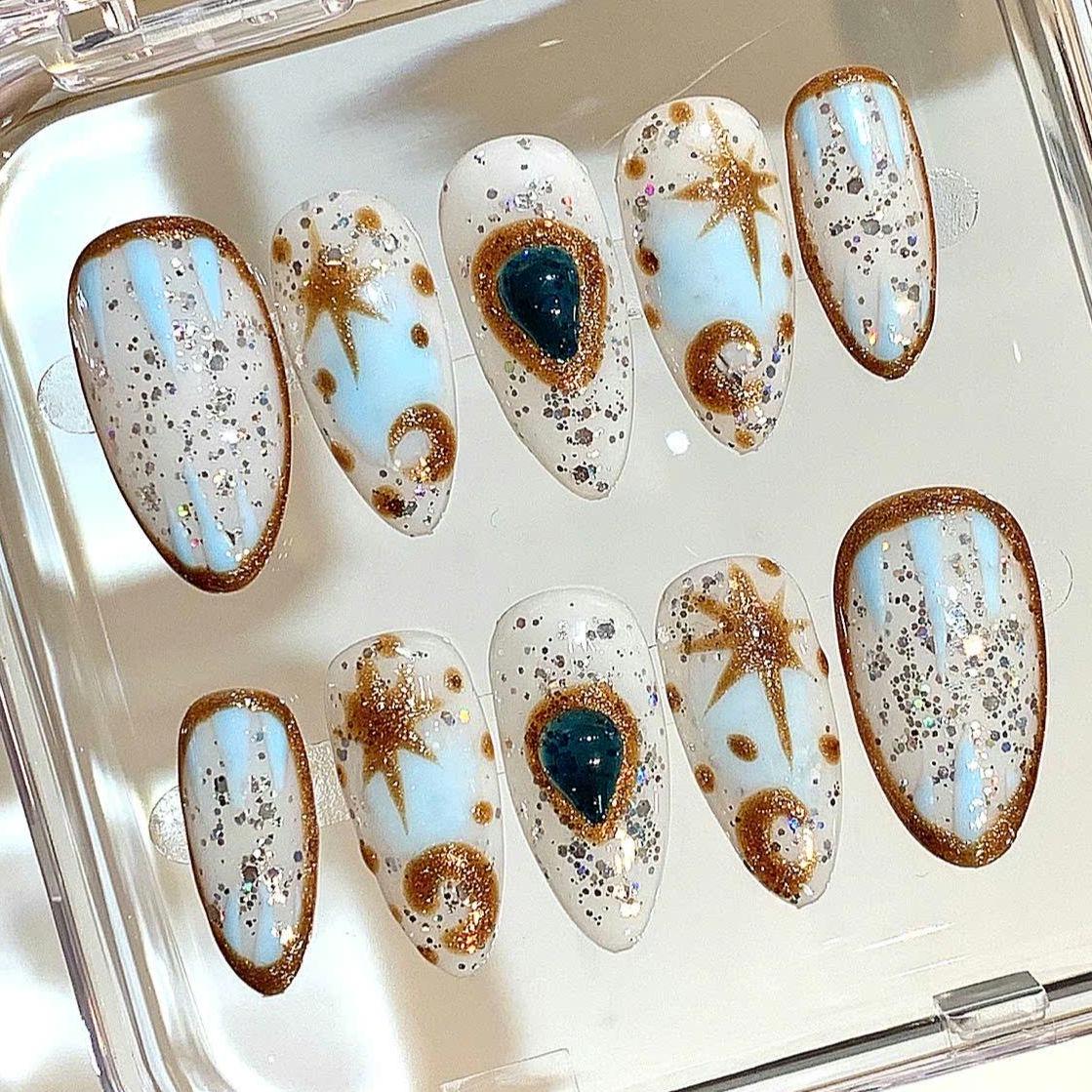 Celestial Press On Nails: Gold Glitter Galaxy Nail Art Set