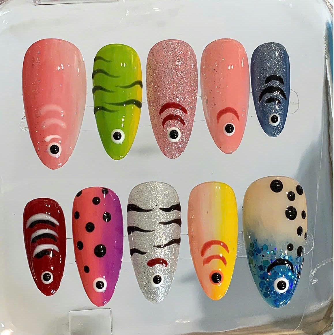 Hand Painted Fish Press On Nails: Tropical Ocean Nail Art
