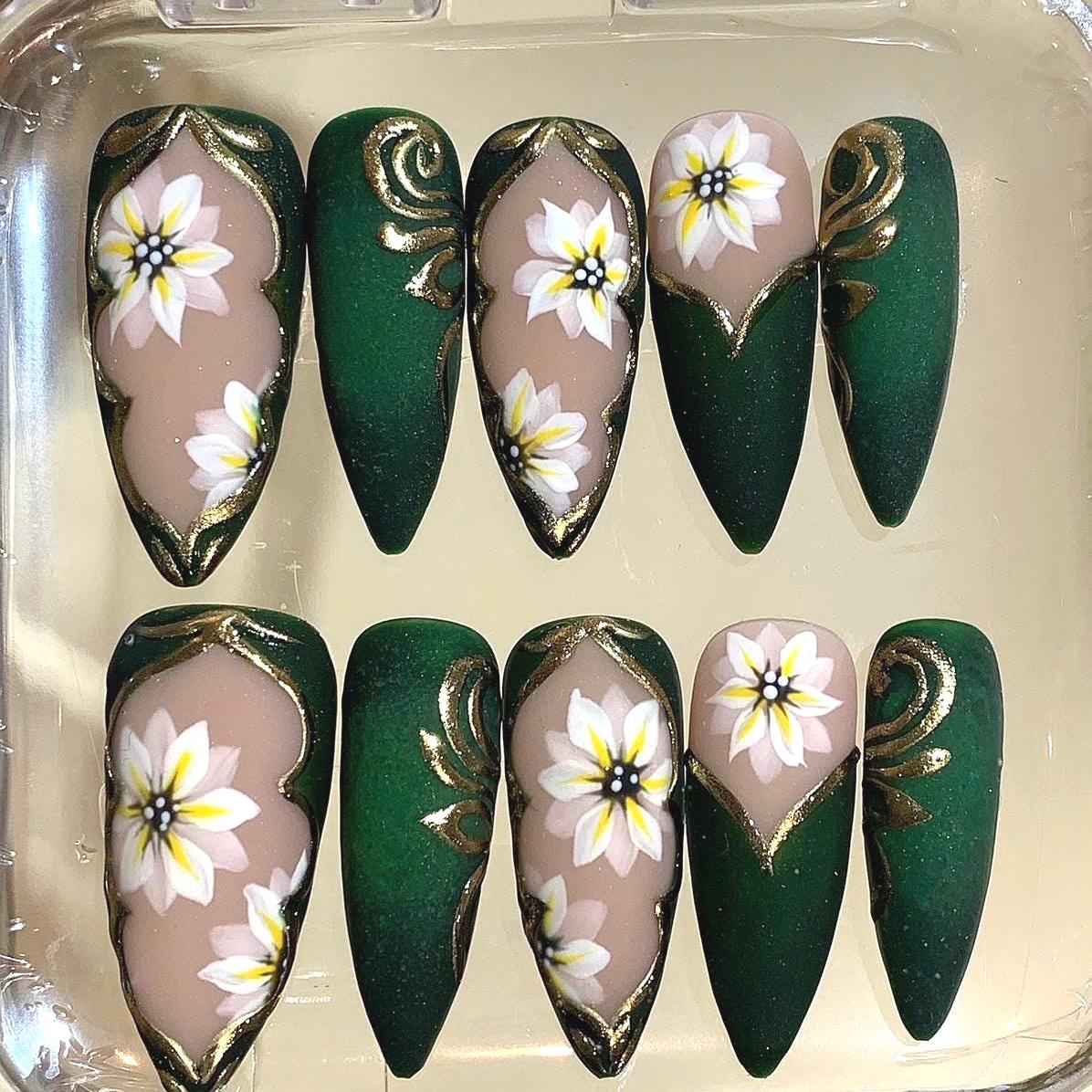 Green Floral Press On Nails: Matte Stiletto with Gold Leaf & White Flowers
