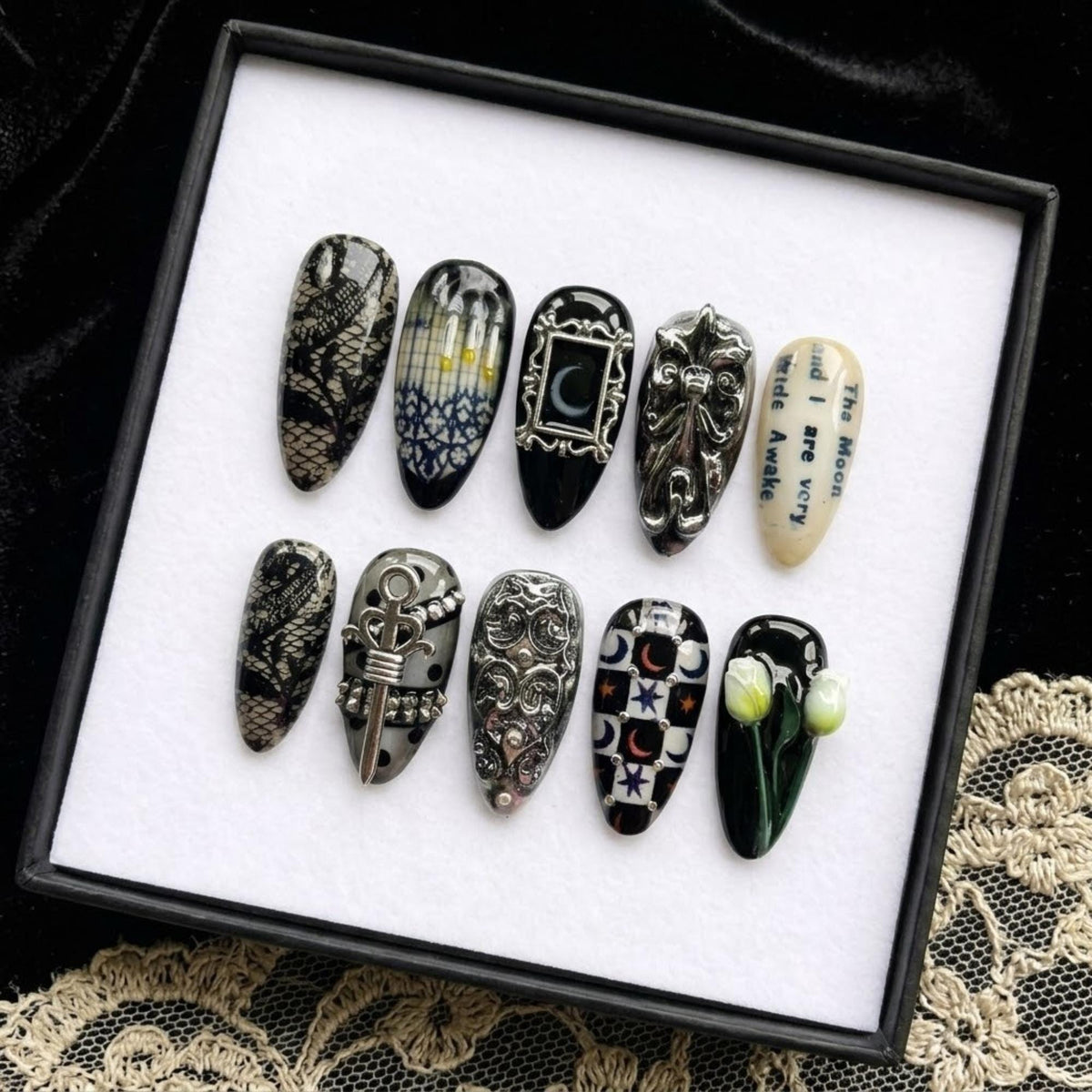 Handmade Victorian Gothic Mystical Celestial Press On Nails | Dark Academia Vibe | 3D Moon Lace Tulip Charms, Black Silver, Almond