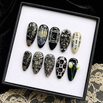 Handmade Victorian Gothic Mystical Celestial Press On Nails | Dark Academia Vibe | 3D Moon Lace Tulip Charms, Black Silver, Almond