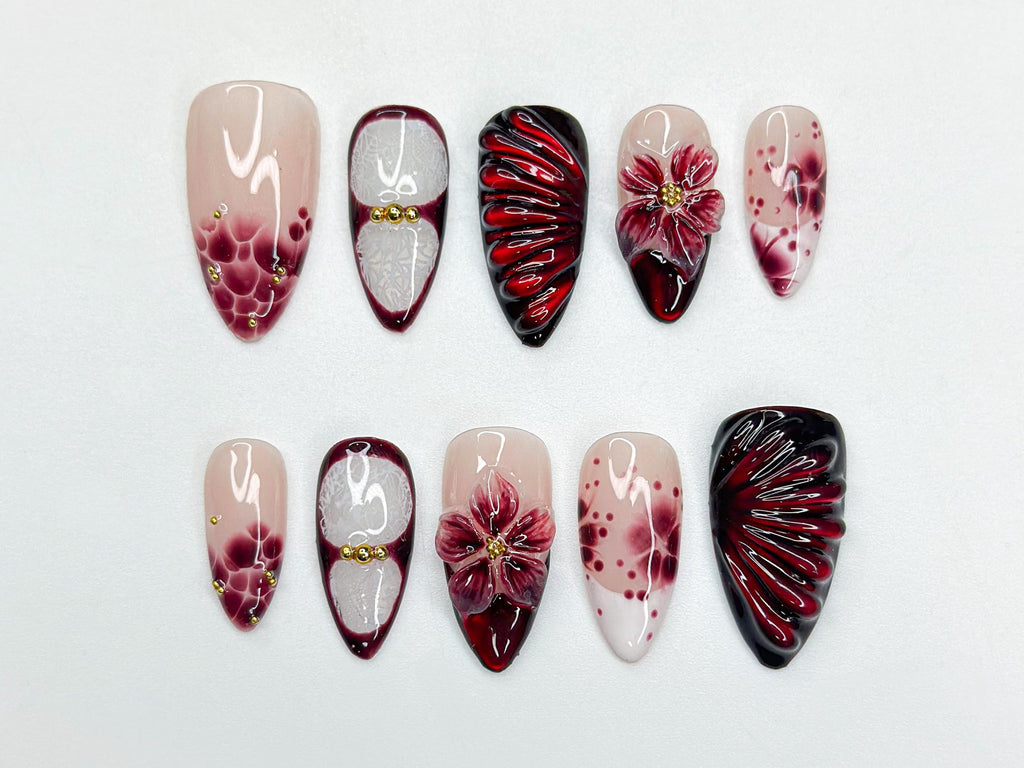 Burgundy Red Floral Press On Nails | 3D Wine Flower Nails | Dark Romantic Nail Art | Elegant Gradient Nails | Luxury Press Ons | JB324HK