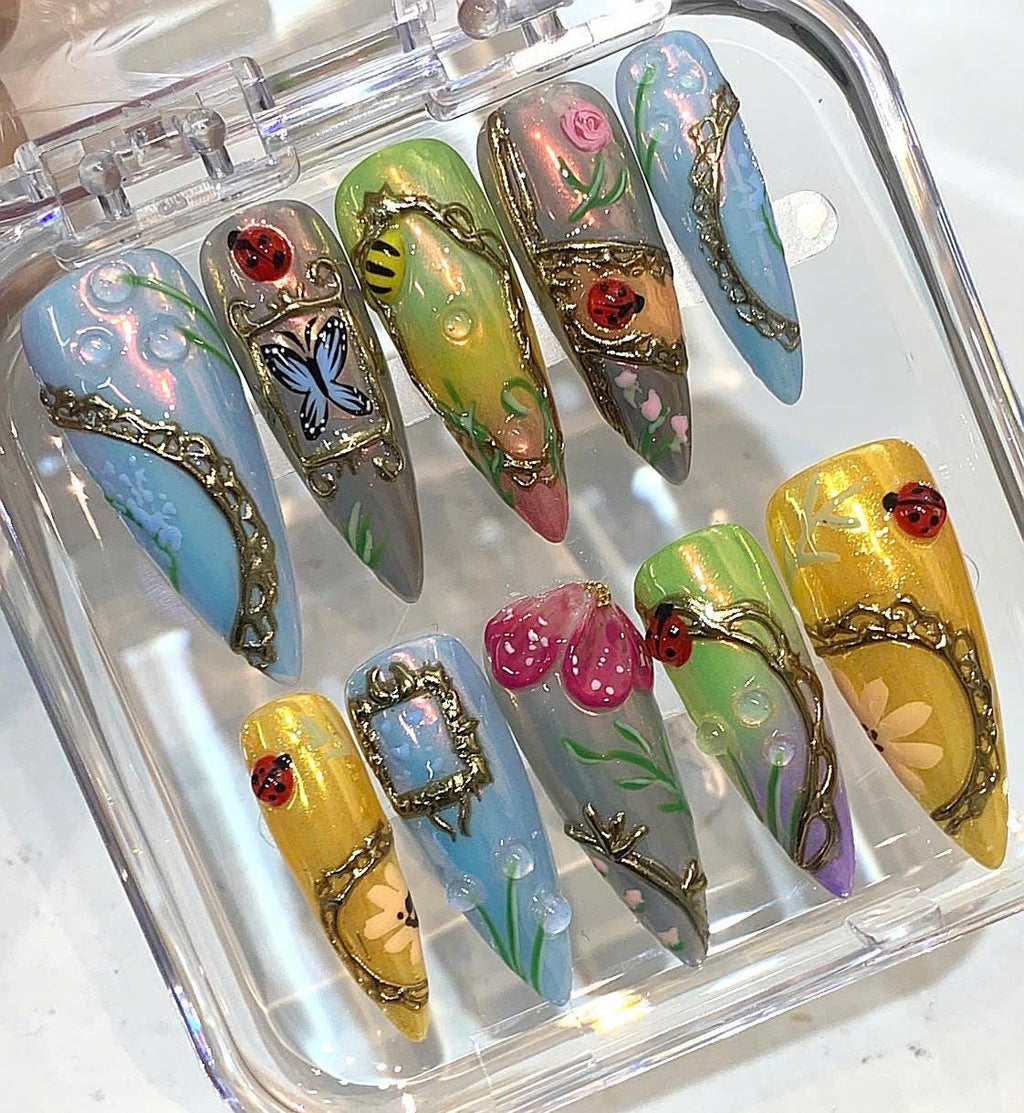 Fairy Garden Press On Nails | 3D Butterfly Ladybug Flower Art Set