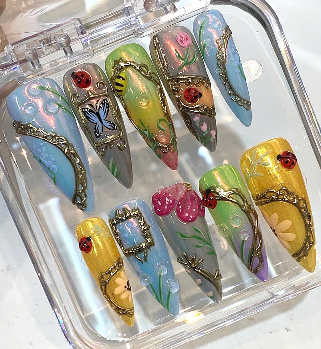 Fairy Garden Press On Nails | 3D Butterfly Ladybug Flower Art Set