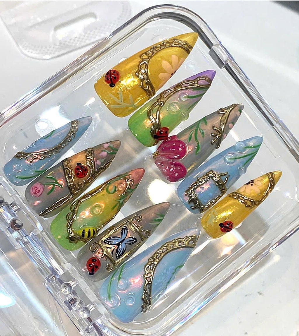 Fairy Garden Press On Nails | 3D Butterfly Ladybug Flower Art Set