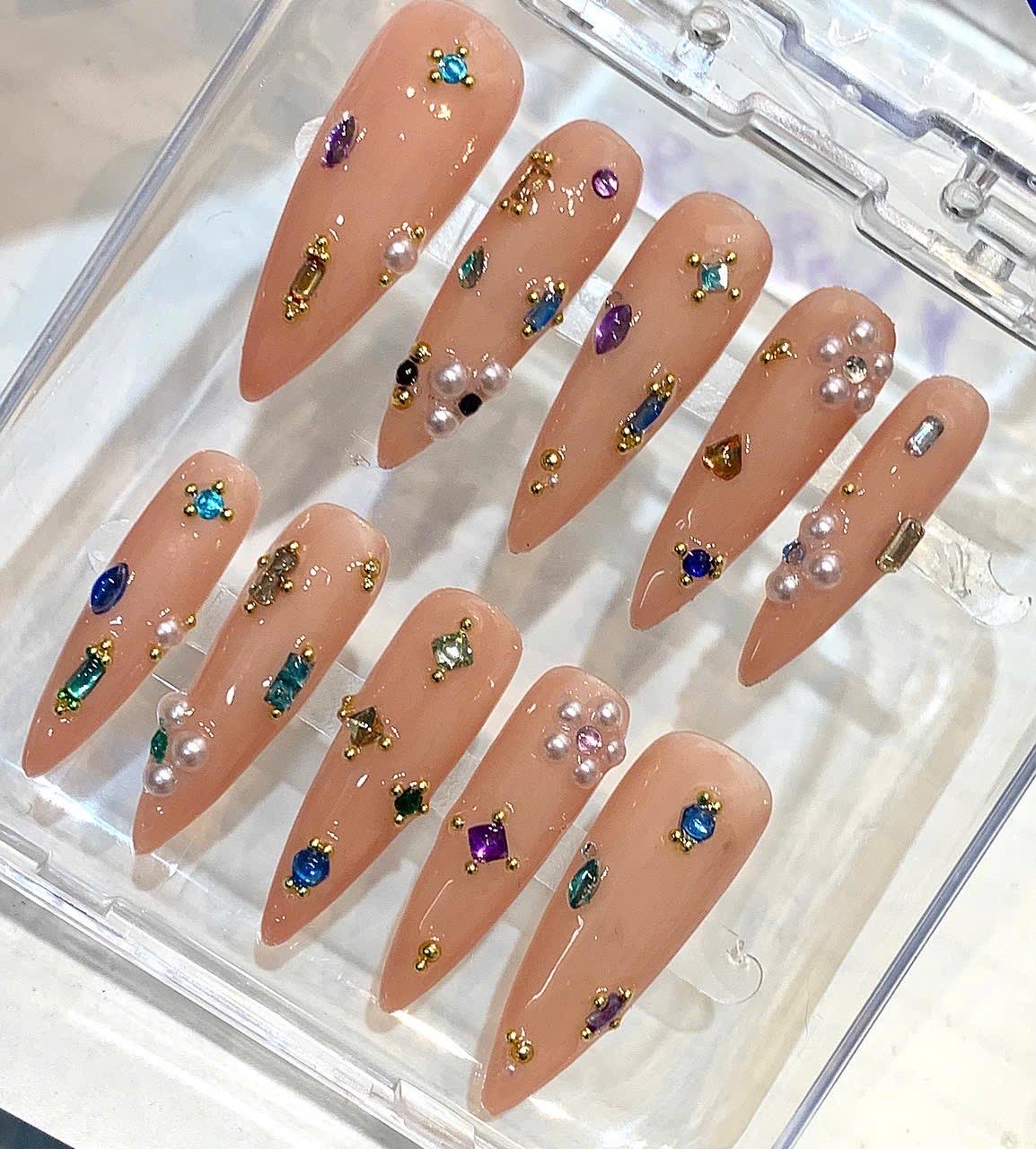 Luxury Nude Stiletto Press On Nails With Gems & Pearls | Handmade Crystal Nail Set | Long Glam Press On Nails