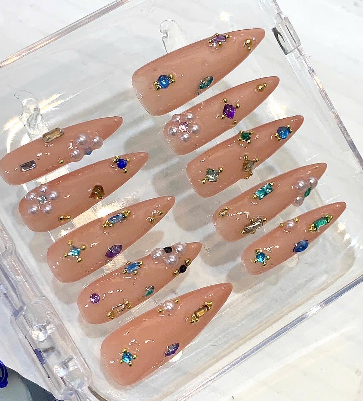 Luxury Nude Stiletto Press On Nails With Gems & Pearls | Handmade Crystal Nail Set | Long Glam Press On Nails